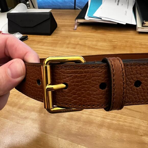 GUCCI WOMENS BROWN LEATHER & DENIM SQUARE BUCKLE BELT sz 70 NEW Authentic main image 15